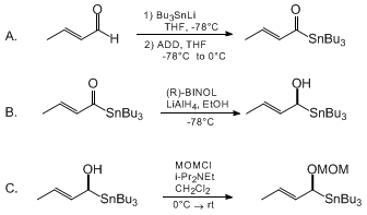 Reaction equation for SYNTHESIS OF (S,E)-1-(METHOXYMETHOXY)-1-TRIBUTYLSTANNYL-2-BUTENE (Stannane, tributyl[1-(methoxymethoxy)-2-butenyl]-, [S-(E)]-)