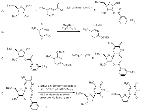 Reaction equation for SYNTHESIS OF 2'-DEOXYRIBONUCLEOSIDES: β-3',5'-DI-O-BENZOYLTHYMIDINE (Thymidine, 3',5'-dibenzoate)