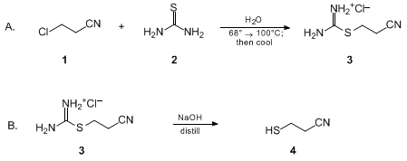 Reaction equation for β-MERCAPTOPROPIONITRILE (2-CYANOETHANETHIOL) (Propanenitrile, 3-mercapto-)