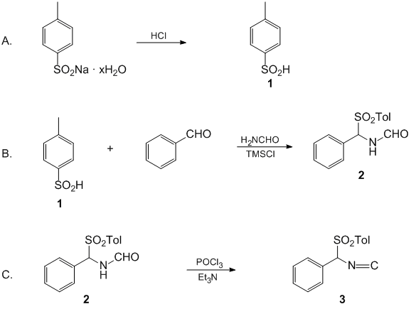 Reaction equation for α-TOSYLBENZYL ISOCYANIDE (Benzene, 1-[(isocyanophenylmethyl)sulfonyl]-4-methyl-)