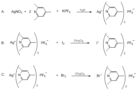 Reaction equation for PREPARATION OF BIS(2,4,6-TRIMETHYLPYRIDINE)IODINE(I) HEXAFLUOROPHOSPHATE AND BIS(2,4,6-TRIMETHYLPYRIDINE) BROMINE(I) HEXAFLUOROPHOSPHATE (Iodine(1+), bis(2,4,6-trimethylpyridine)-, hexafluorophosphate(1−), and Bromine(1+), bis(2,4,6-trimethylpyridine)-, hexafluorophosphate(1−))