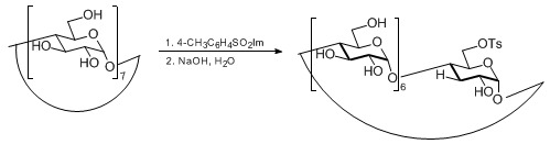 Reaction equation for 6A-O-p-TOLUENESULFONYL-β-CYCLODEXTRIN (β-Cyclodextrin, 6A-(4-methylbenzenesulfonate))