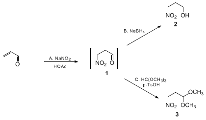 Reaction equation for 3-NITROPROPANAL, 3-NITROPROPANOL, AND 3-NITROPROPANAL DIMETHYL ACETAL (Propanal, 3-nitro-; 1-Propanol, 3-nitro-; and Propane, 1,1-dimethoxy-3-nitro-)