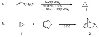 Reaction equation for CYCLOPROPENE: A NEW SIMPLE SYNTHESIS AND ITS DIELS-ALDER REACTION WITH CYCLOPENTADIENE (Tricyclo[3.2.1.02,4]oct-6-ene, (1α,2α,4α,5α)-)