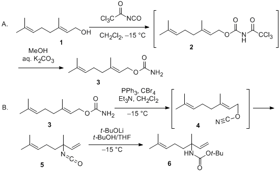 Reaction equation for Allyl Cyanate-To-Isocyanate Rearrangement: Preparation of tert-Butyl 3,7-dimethylocta-1,6-dien-3-ylcarbamate