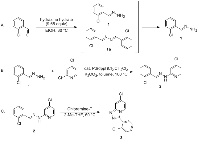 Reaction equation for Palladium-Catalyzed Triazolopyridine Synthesis: Synthesis of 7-Chloro-3-(2-Chlorophenyl)-1,2,4-Triazolo[4,3-a]Pyridine