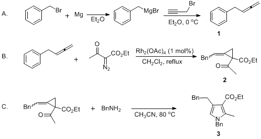 Reaction equation for Preparation of 1-Benzyl-2-methyl-3-(ethoxycarbonyl)-4-2-(phenylethyl)-1H-pyrrole from 4-Phenyl-1,2-butadiene