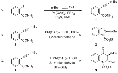 Reaction equation for N-Carboxylated-2-substituted Indoles and 2,3-Disubstituted-2,3-dihydro-4-quinolones from 2-Alkynylbenzamides