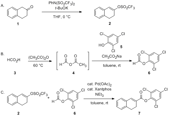 Reaction equation for Pd-Catalyzed External-CO-Free Carbonylation: Preparation of 2,4,6-Trichlorophenyl 3,4-Dihydronaphthalene-2-Carboxylate