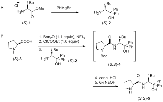 Reaction equation for One-pot Preparation of (S)-N-[(S)-1-Hydroxy-4-methyl-1,1-diphenylpentan-2-yl]pyrrolidine-2-carboxamide from L-Proline