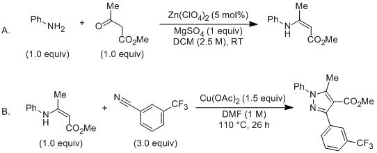 Reaction equation for Synthesis of Tetrasubstituted 1H-Pyrazoles by Copper-mediated Coupling of Enaminones with Nitriles