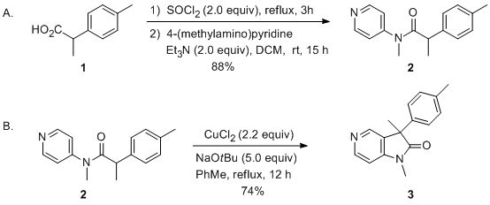Reaction equation for Synthesis of 1,3-Dimethyl-3-(p-tolyl)-1H-pyrrolo[3,2-c]pyridin-2(3H)-one by Cu(II)-Mediated Direct Oxidative Coupling