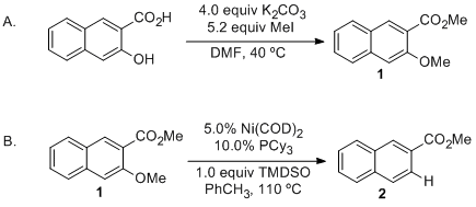 Reaction equation for Ni-catalyzed Reductive Cleavage of Methyl 3-Methoxy-2-Naphthoate