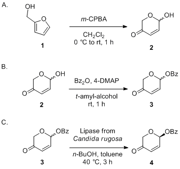 Reaction equation for Enantioselective Preparation of (S)-5-Oxo-5,6-dihydro-2H-pyran-2-yl Benzoate