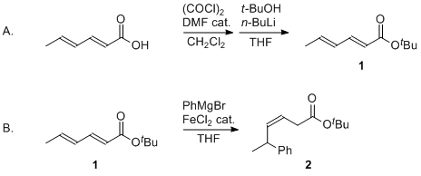 Reaction equation for Iron-Catalyzed Selective Conjugate Addition of Aryl Grignard Reagents to 2,4-Alkadienoates: tert-Butyl (Z)-5-Phenyl-3-hexenoate