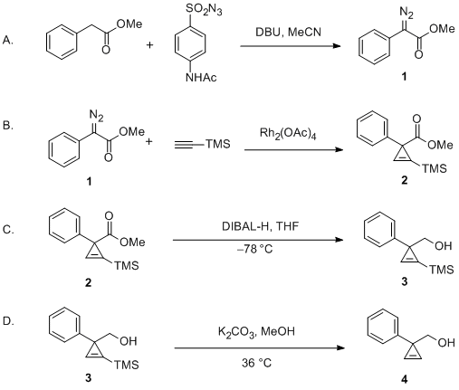Reaction equation for 3-Hydroxymethyl-3-phenylcyclopropene