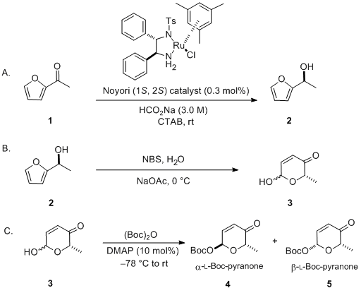 Reaction equation for Enantioselective Synthesis of α- and β- Boc-protected 6-Hydroxy-pyranones: Carbohydrate Building Blocks